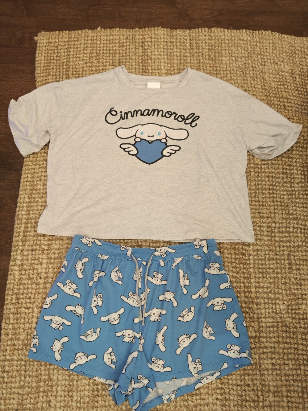 Sanrio Cinnamoroll Light Gray Tee with Blue Character-Print Shorts